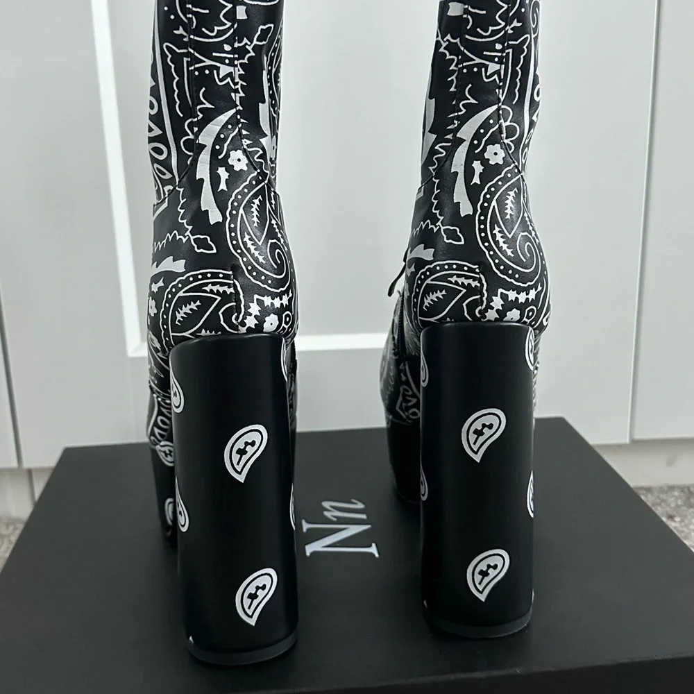 Black Paisley Platform Booties - Women's High Block Heels